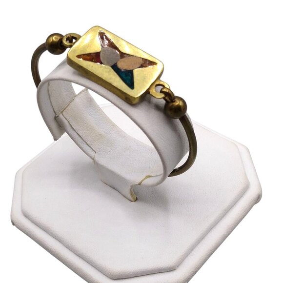 Modernist Brass Bangle with Stone and Resin Inlay, Retro Boho Stacking Bracelet - Picture 1 of 7